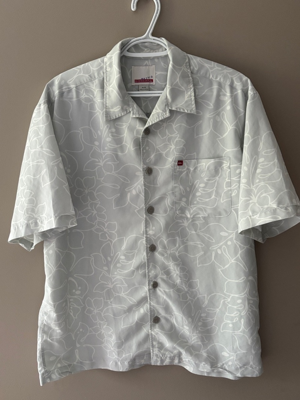 Quicksilver Light Grey Short-Sleeve Floral Button-Down Subtle Hawaiian Shirt